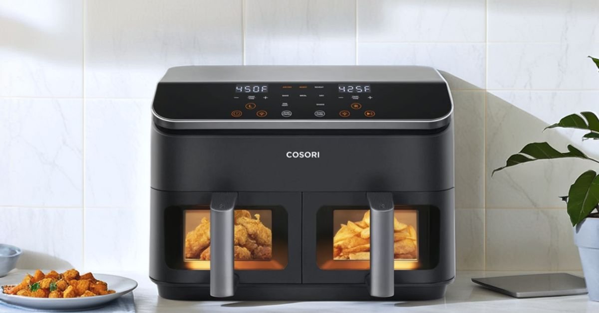 Dual Basket Air Fryer – cooking crispy fried chicken and breaded mozzarella sticks simultaneously. Demonstrates versatility and efficient meal prepping for snack lovers and home cooks.