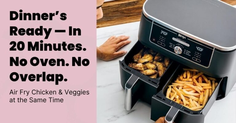 Ninja DZ401 air fryer in use with dual baskets cooking chicken and fries side by side
