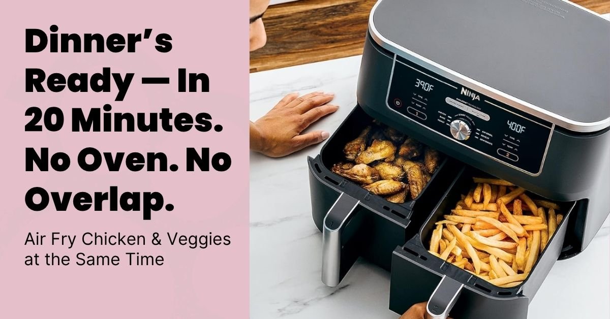 Ninja DZ401 air fryer in use with dual baskets cooking chicken and fries side by side